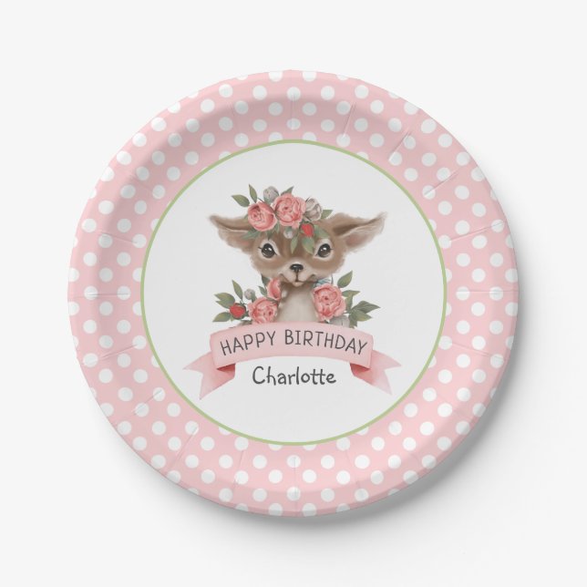 Cute Pink Woodland Deer Birthday Party for Girl Paper Plate (Front)