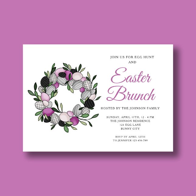 Cute Pink Wreath Easter Brunch Egg Hunt Invitation (Modern Purple Wreath Easter Brunch Invitation)