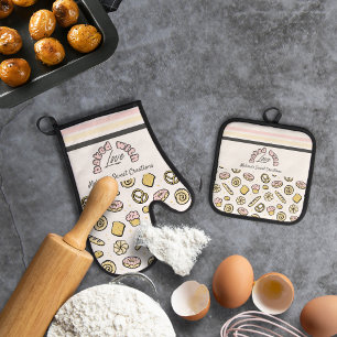 Cute Pink Yellow Baked With Love  Oven Mitt & Pot Holder Set