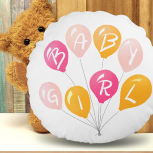 Cute Pink Yellow Balloons Baby Girl Baby Shower Round Cushion