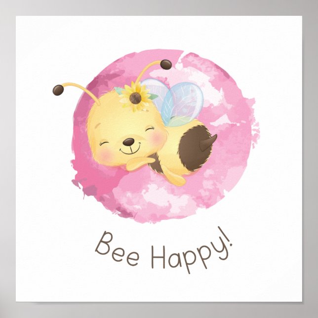 Cute Pink/Yellow Bee Happy Girls Nursery Wall Art  (Front)