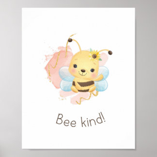Cute Pink/Yellow Bee Kind! Nursery Poster for Girl