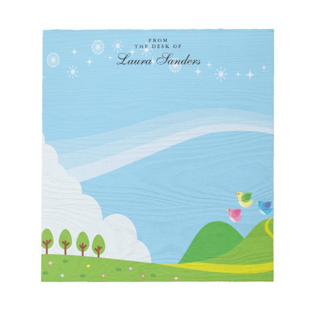 Cute Pink Yellow Blue Bird Personalised Notepad (Front)