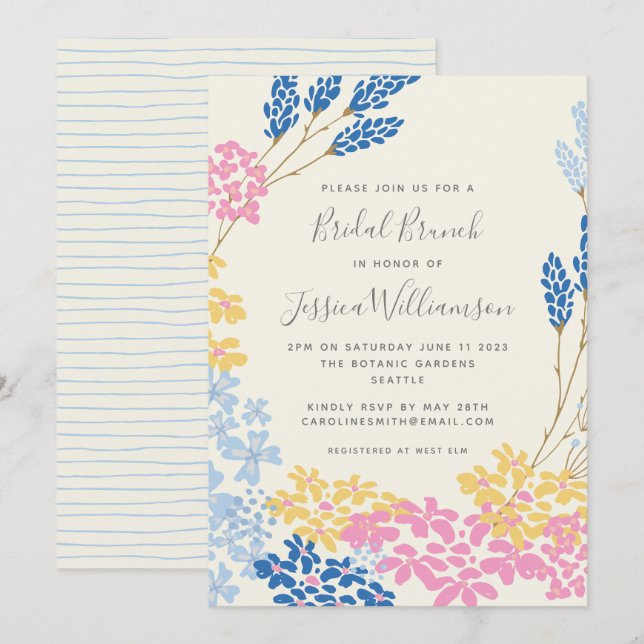 Cute Pink Yellow Blue Garden Floral Bridal Shower Invitation (Front/Back)