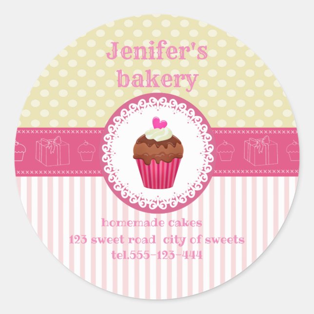 Cute pink yellow cupcake homemade bakery classic round sticker (Front)