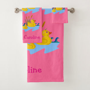 Cute Pink Yellow Mama Duck Animals Baby Girl Kids Bath Towel Set