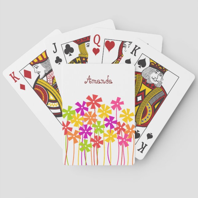 Cute pink yellow orange simple flower drawing name playing cards (Back)