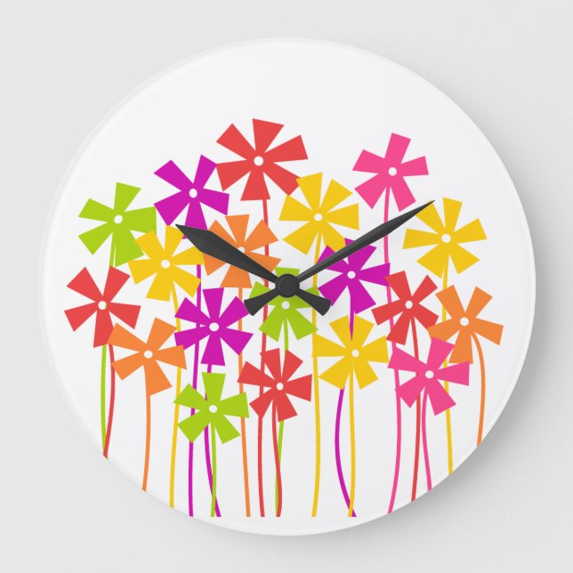 Cute pink yellow orange simple flowers drawing  large clock (Front)