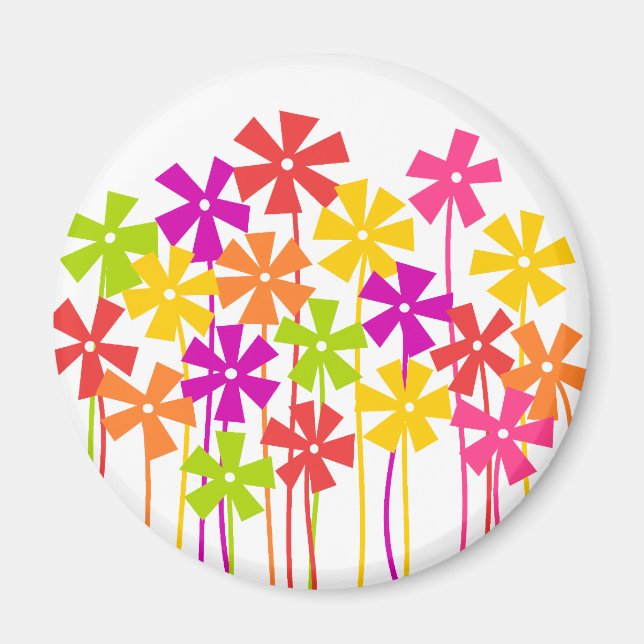 Cute pink yellow orange simple flowers drawing  magnet (Front)