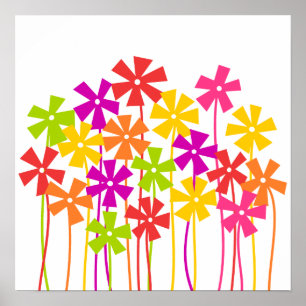 Cute pink yellow orange simple flowers drawing  poster