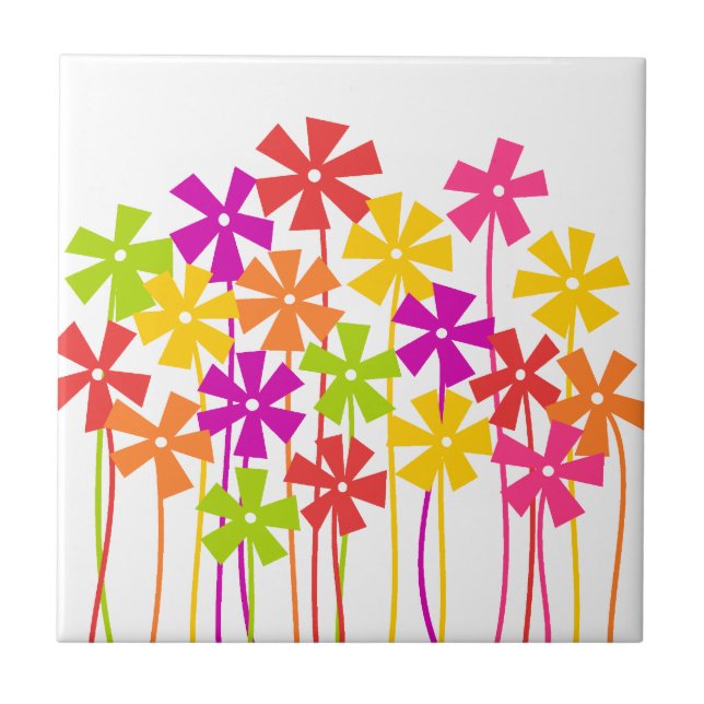Cute pink yellow orange simple flowers drawing  tile (Front)