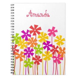 Cute pink yellow orange simple flowers name spiral notebook