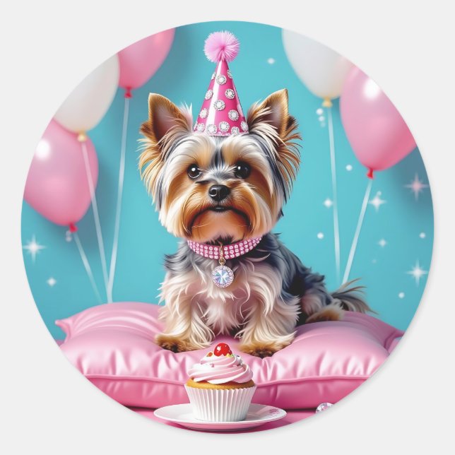 Cute Pink Yorkie Birthday Classic Round Sticker (Front)