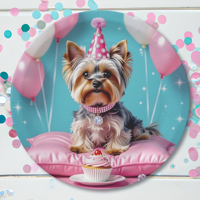 Cute Pink Yorkie Birthday Paper Plate (Creator Uploaded)