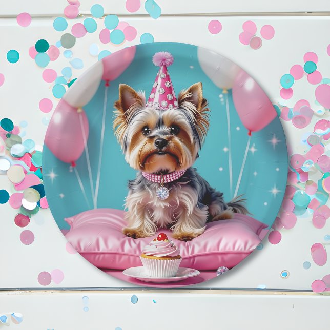 Cute Pink Yorkie Birthday Paper Plate (Creator Uploaded)