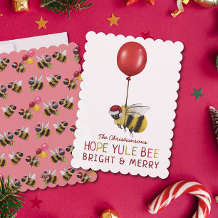 Cute Pink Yule Bee Merry and Bright Christmas  Holiday Card