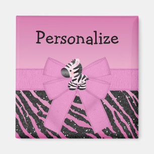 Cute Pink Zebra, Bow & Glitter Animal Print Magnet