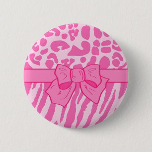 Cute Pink Zebra Leopard Animal Print and Girly Bow 6 Cm Round Badge
