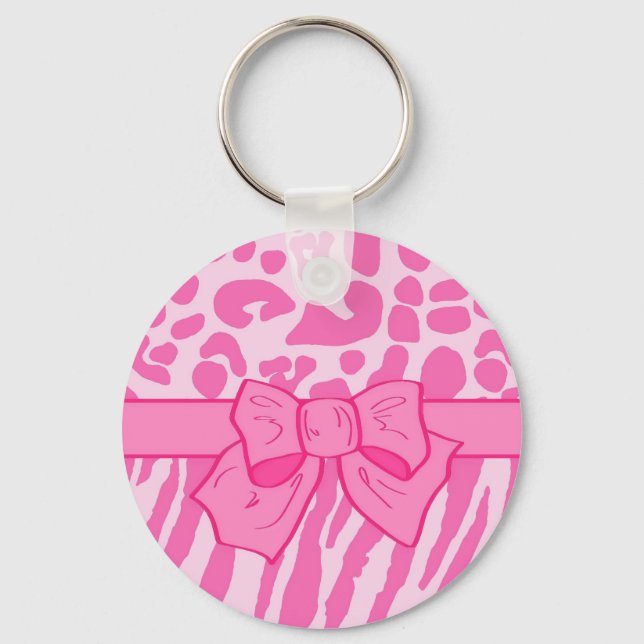 Cute Pink Zebra Leopard Animal Print and Girly Bow Key Ring (Front)