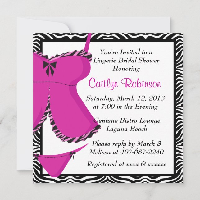 Cute Pink Zebra Lingerie Bridal Shower Invitation (Front)