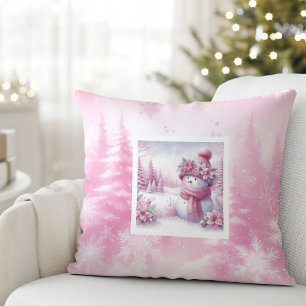 Cute Pinkmas Christmas Scene Snowman Pillow Gift