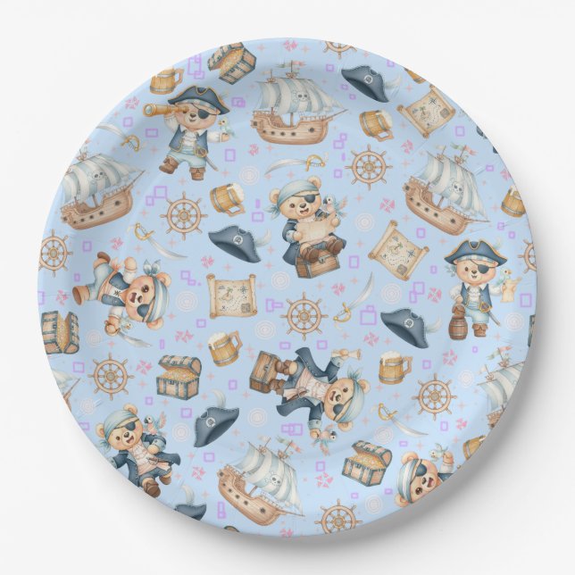 Cute Pirate Bear Seamless Pattern Paper Plate (Front)
