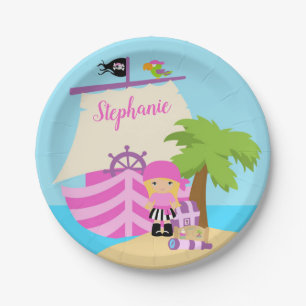 Cute Pirate Blonde Girl & A Big Ship Custom Name Paper Plate