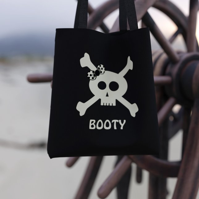 Cute Pirate Booty Skull and Crossbones Tote Bag (Cute Pirate Skull Crossbones Black Tote Bag with space for your name)
