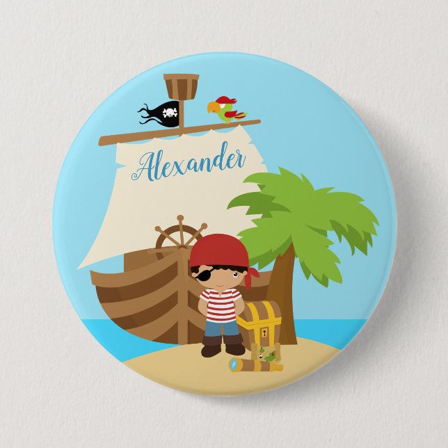 Cute Pirate Boy & A Big Ship Custom Name 7.5 Cm Round Badge (Front)