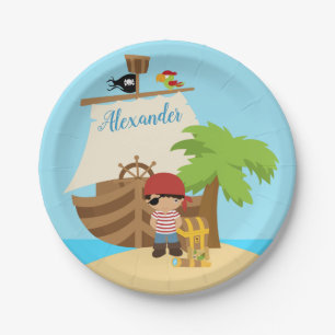 Cute Pirate Boy & A Big Ship Custom Name Paper Plate