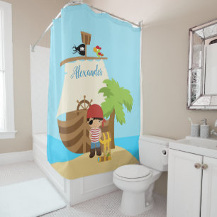 Cute Pirate Boy & A Big Ship Custom Name Shower Curtain