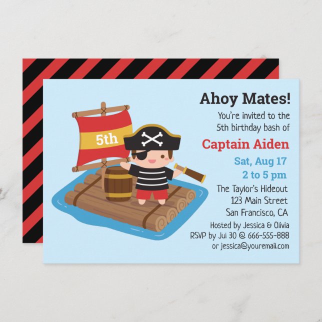 Cute Pirate Boy on Sailboat Raft Birthday Party Invitation (Front/Back)