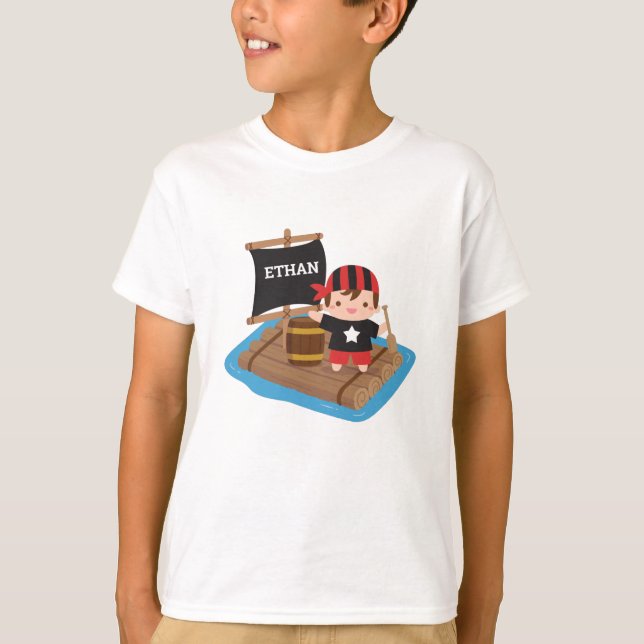 Cute Pirate Boy With Bandanna, Raft Boat Kids T-Shirt (Front)