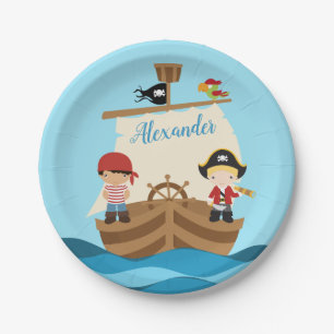 Cute Pirate Boys & A Big Ship Custom Name Paper Plate