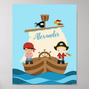 Cute Pirate Boys & A Big Ship Custom Name Poster