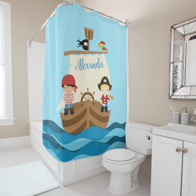 Cute Pirate Boys & A Big Ship Custom Name Shower Curtain (In Situ)