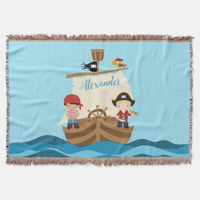 Cute Pirate Boys & A Big Ship Custom Name Throw Blanket (Front)