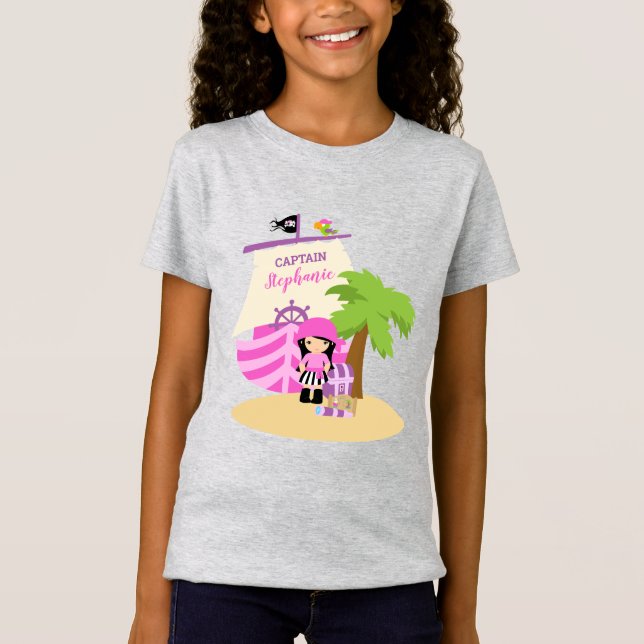 Cute Pirate Brunette Girl & A Big Ship Custom Name T-Shirt (Front)