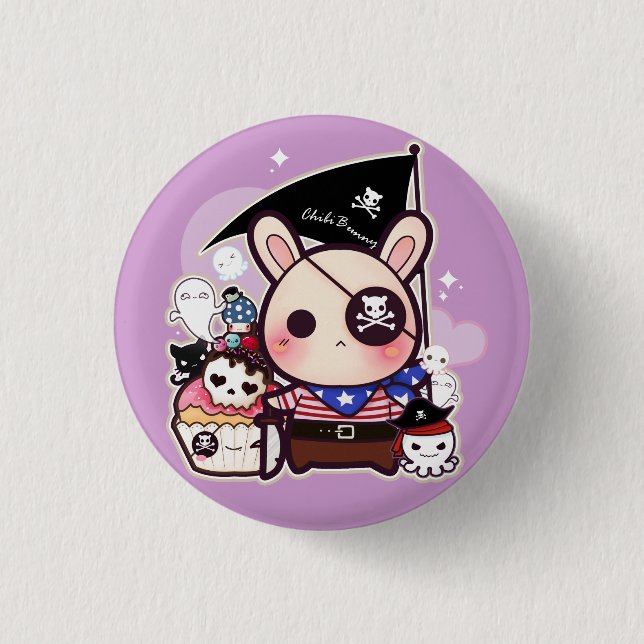 Cute pirate bunny with kawaii cupcake and octopus 3 cm round badge (Front)
