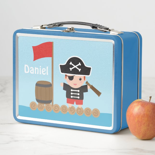 Cute Pirate Captain Ocean Raft Boys Personalised Metal Lunch Box (In Situ)