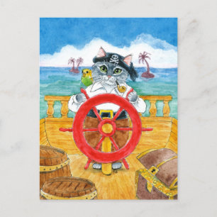 Cute Pirate Cat Budgie Caribbean Sea Ship postcard
