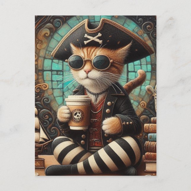 Cute Pirate Cat with Coffee Postcard (Front)
