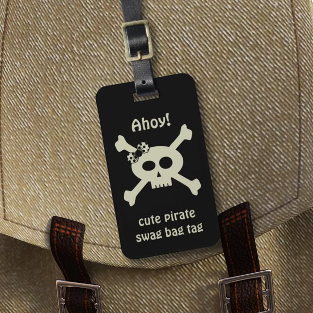 Cute Pirate Flag Swag Luggage Tag (Ahoy! Add yer details to this cute pirate swag bag tag and set sail for adventure!)