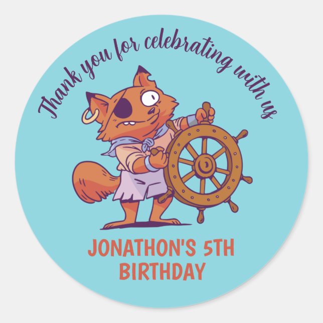 Cute Pirate Fox Animal Kids Birthday Party Classic Round Sticker (Front)