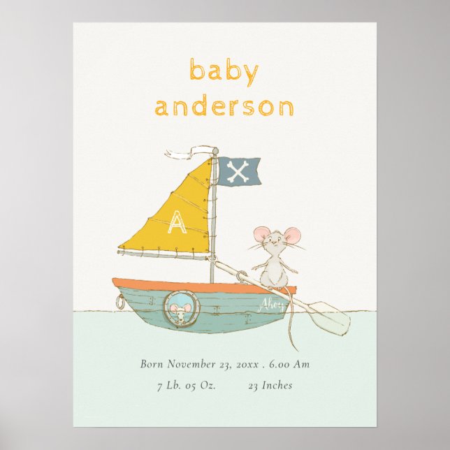 Cute Pirate Mouse Sailboat Kids Monogram Baby Stat Poster (Front)