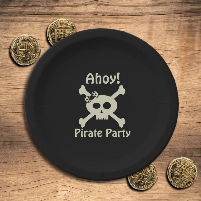 Cute Pirate Party Girly Skull Crossbones Black Paper Plate (Ahoy! Cute pirate paper plates for your pirate party)