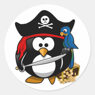 Cute Pirate Penguin with Treasure Chest Classic Round Sticker