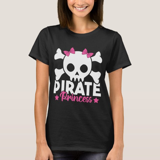 Cute Pirate Princess Pink Pirate Skull and Crossbo T-Shirt (Front)