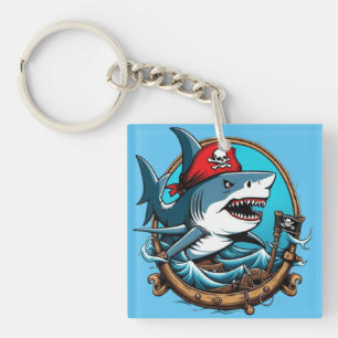 Cute pirate shark on a boat  key ring