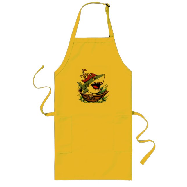 Cute pirate shark on a boat  long apron (Front)